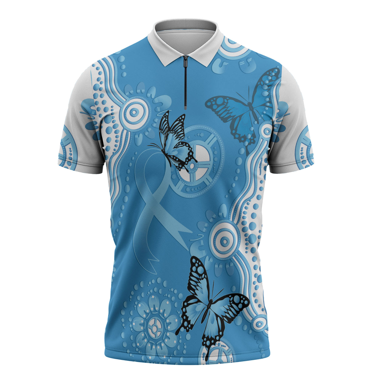 World Diabetes Day Australia Zipper Polo Shirt Blue Ribbon Butterfly Aboriginal Art