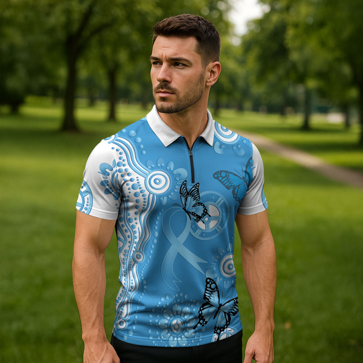 World Diabetes Day Australia Zipper Polo Shirt Blue Ribbon Butterfly Aboriginal Art