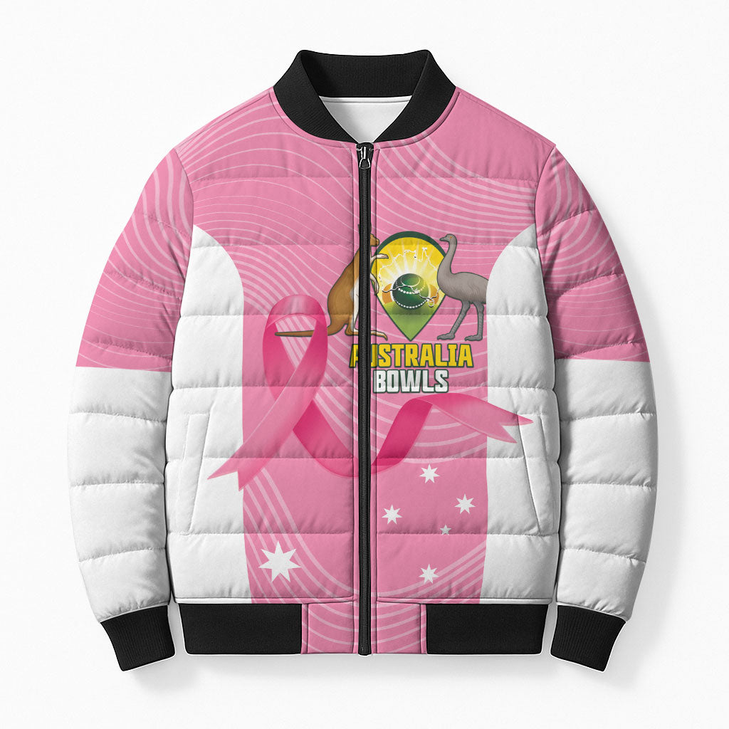 Custom Bowls Australia Breast Cancer Bomber Puffer Jacket Pink Ribbon Aussie Map With Kangaroo Emu