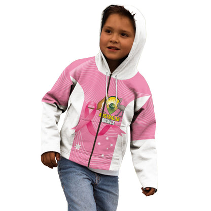 Custom Bowls Australia Breast Cancer Kid Hoodie Pink Ribbon Aussie Map With Kangaroo Emu