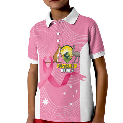 Custom Bowls Australia Breast Cancer Kid Polo Shirt Pink Ribbon Aussie Map With Kangaroo Emu