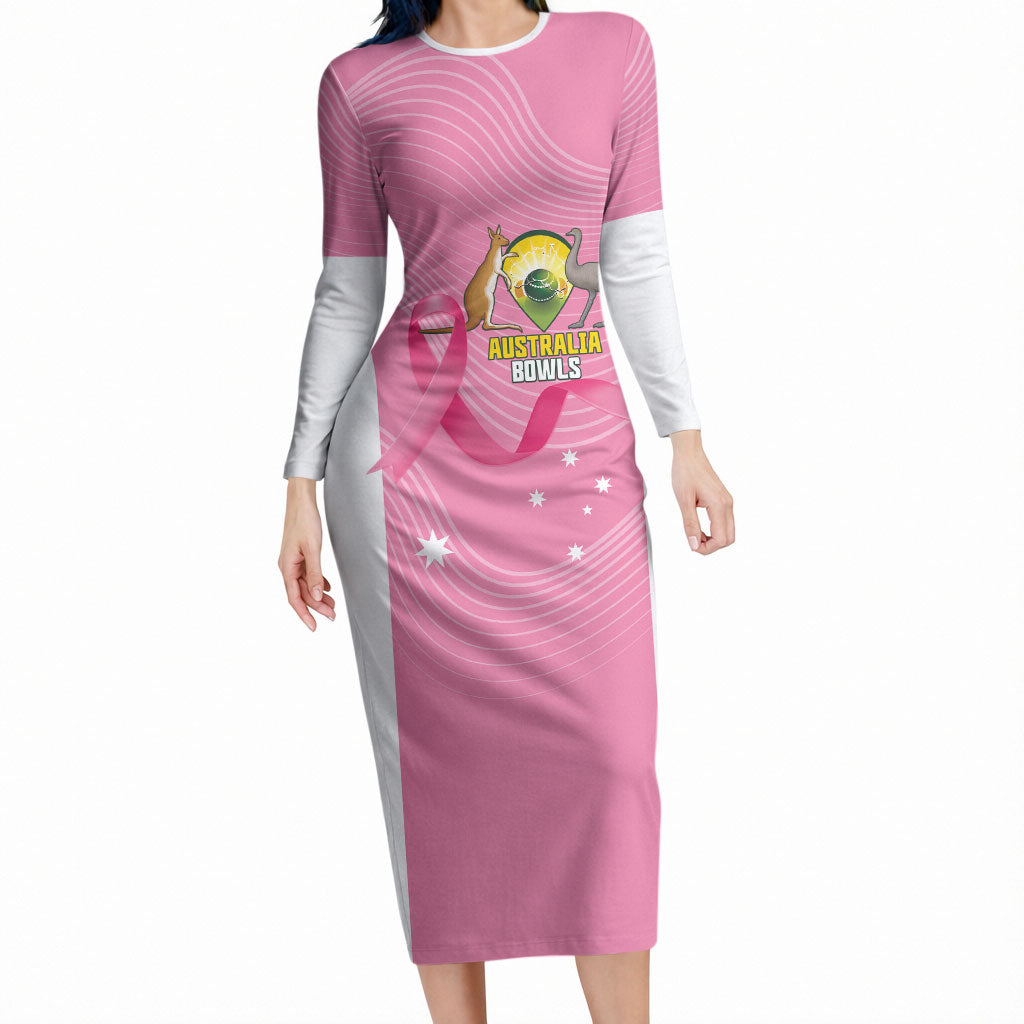 Custom Bowls Australia Breast Cancer Long Sleeve Bodycon Dress Pink Ribbon Aussie Map With Kangaroo Emu