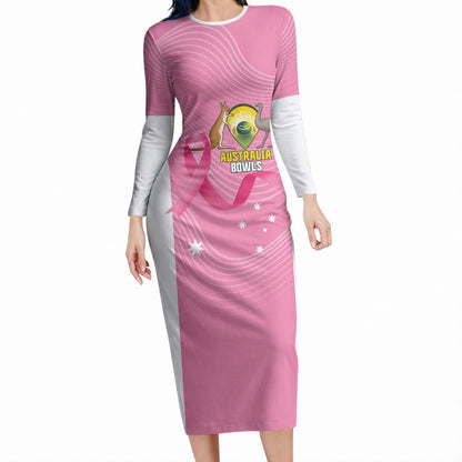 Custom Bowls Australia Breast Cancer Long Sleeve Bodycon Dress Pink Ribbon Aussie Map With Kangaroo Emu