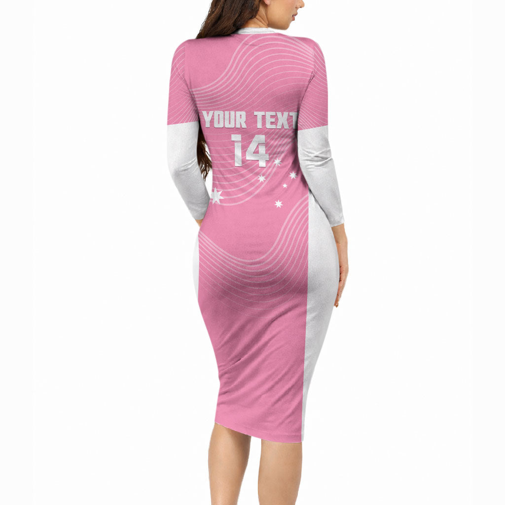 Custom Bowls Australia Breast Cancer Long Sleeve Bodycon Dress Pink Ribbon Aussie Map With Kangaroo Emu