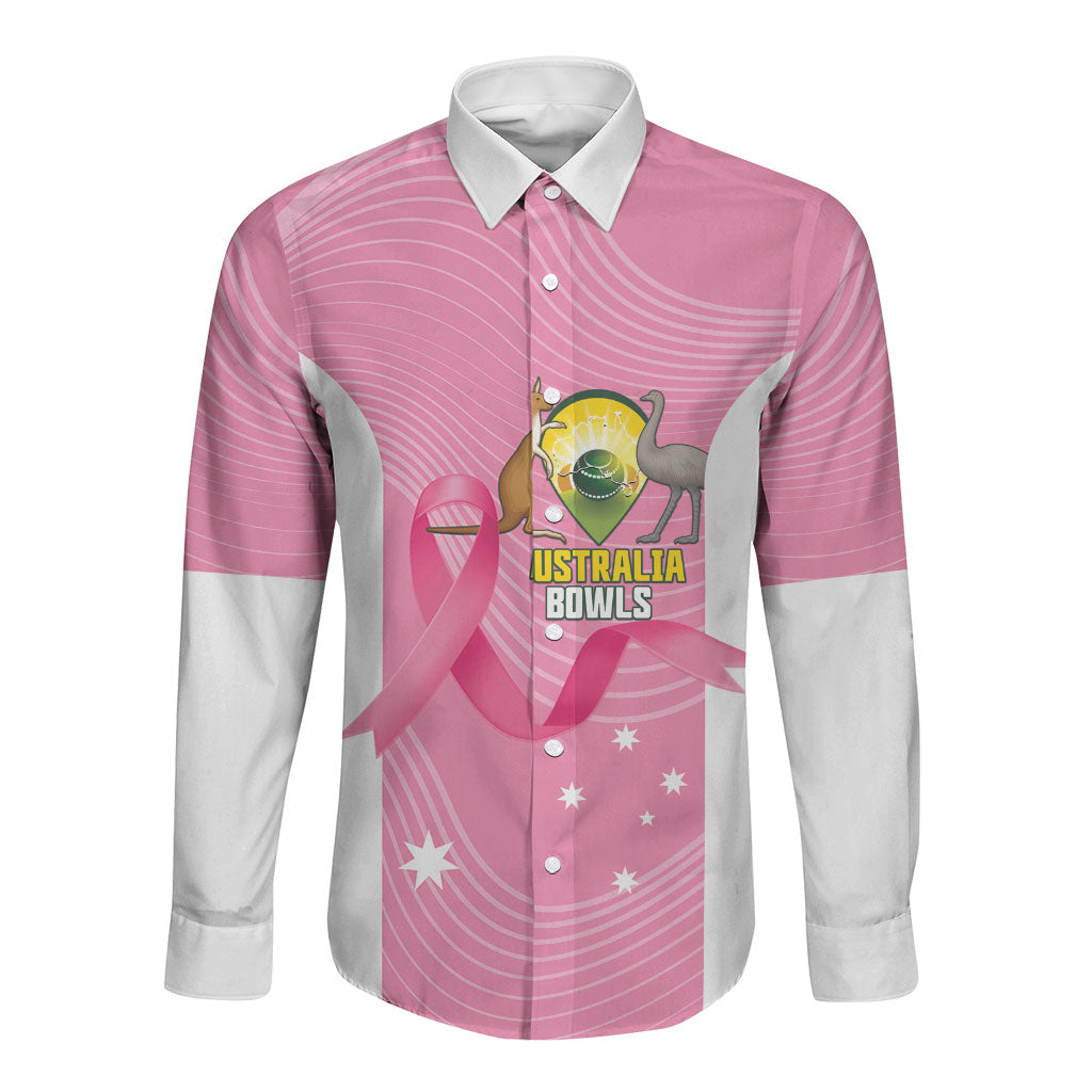 Custom Bowls Australia Breast Cancer Long Sleeve Button Shirt Pink Ribbon Aussie Map With Kangaroo Emu
