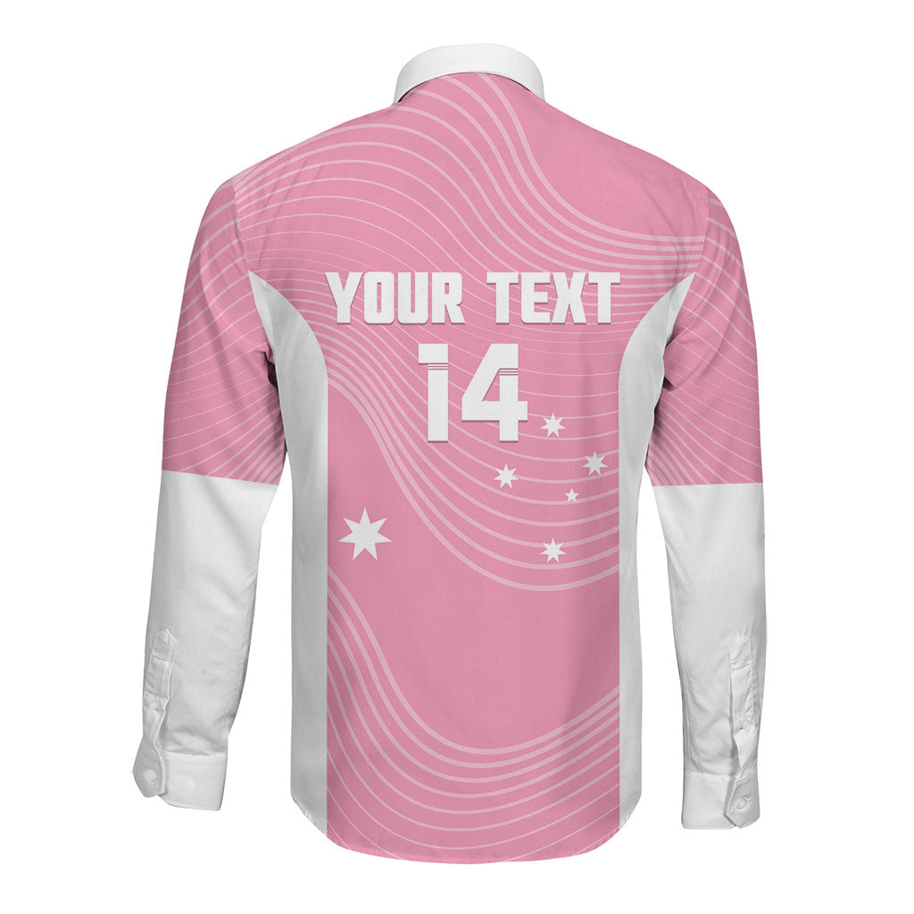 Custom Bowls Australia Breast Cancer Long Sleeve Button Shirt Pink Ribbon Aussie Map With Kangaroo Emu
