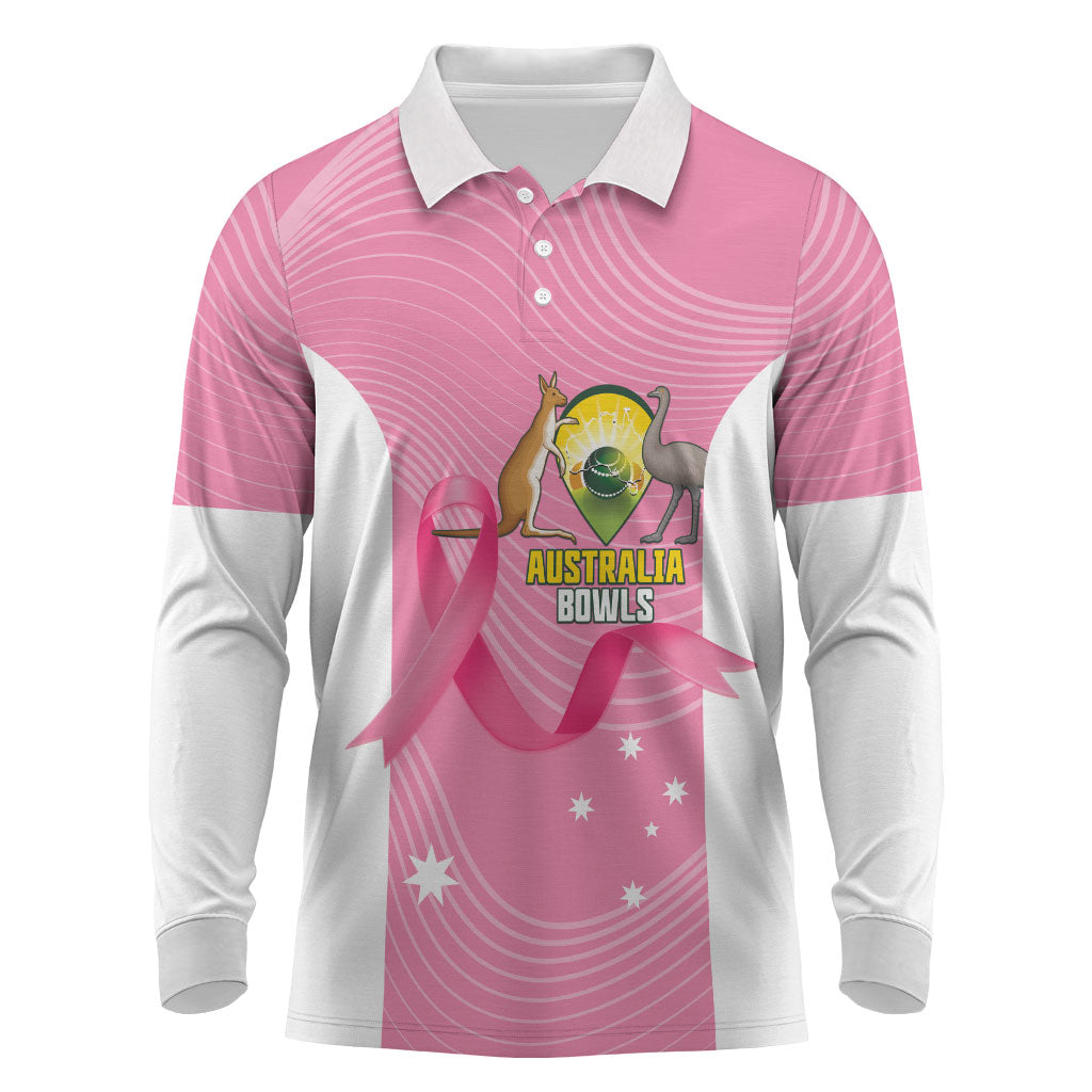 Custom Bowls Australia Breast Cancer Long Sleeve Polo Shirt Pink Ribbon Aussie Map With Kangaroo Emu