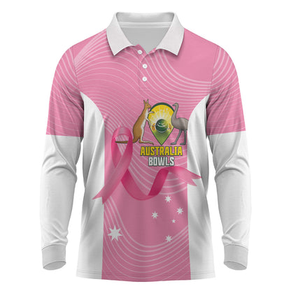 Custom Bowls Australia Breast Cancer Long Sleeve Polo Shirt Pink Ribbon Aussie Map With Kangaroo Emu