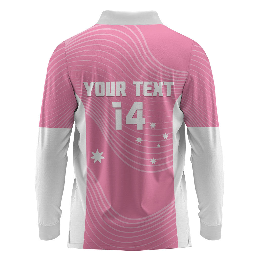 Custom Bowls Australia Breast Cancer Long Sleeve Polo Shirt Pink Ribbon Aussie Map With Kangaroo Emu