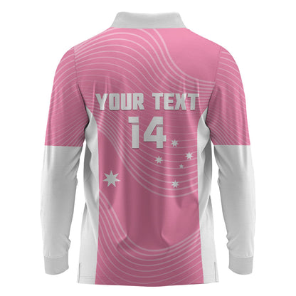 Custom Bowls Australia Breast Cancer Long Sleeve Polo Shirt Pink Ribbon Aussie Map With Kangaroo Emu