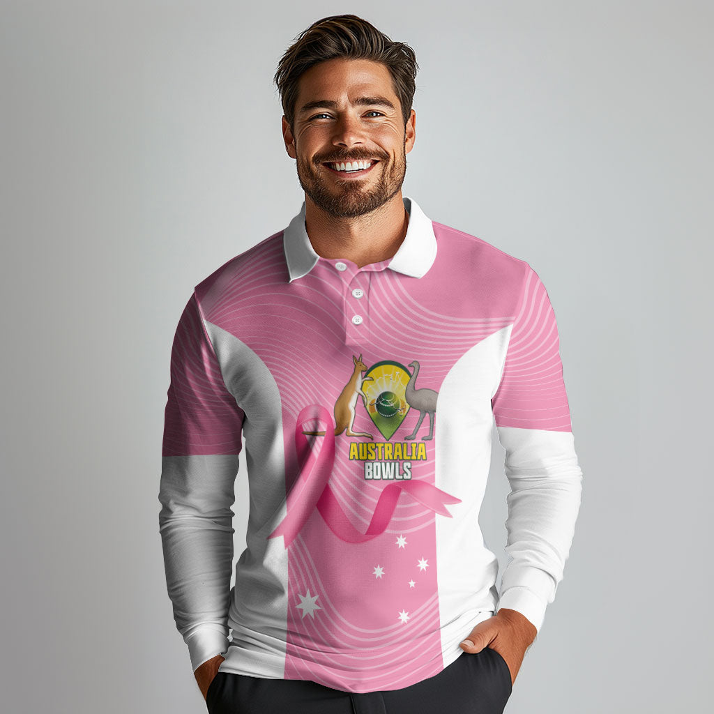Custom Bowls Australia Breast Cancer Long Sleeve Polo Shirt Pink Ribbon Aussie Map With Kangaroo Emu