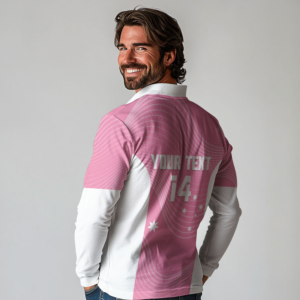 Custom Bowls Australia Breast Cancer Long Sleeve Polo Shirt Pink Ribbon Aussie Map With Kangaroo Emu