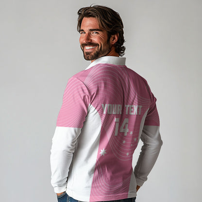 Custom Bowls Australia Breast Cancer Long Sleeve Polo Shirt Pink Ribbon Aussie Map With Kangaroo Emu
