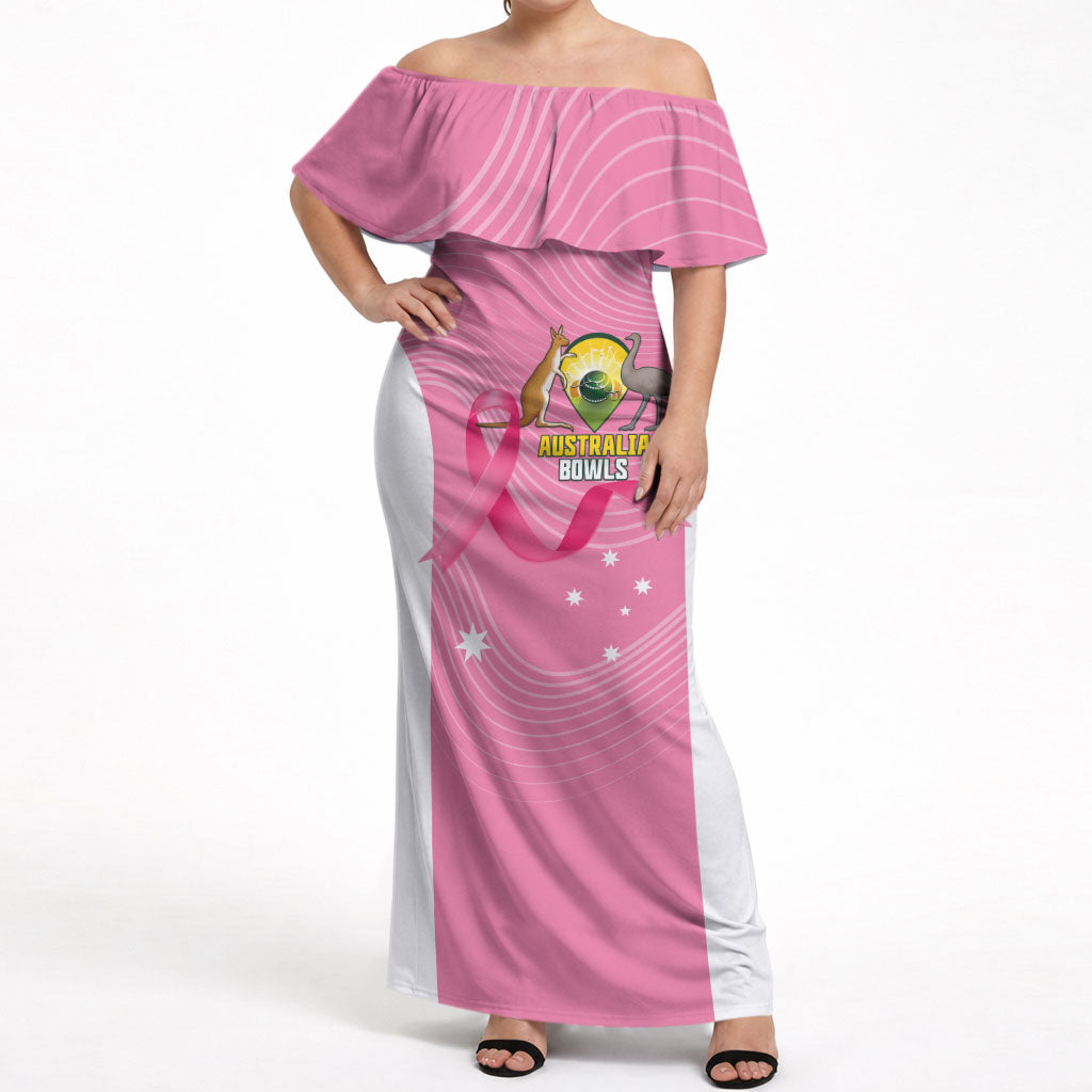 Custom Bowls Australia Breast Cancer Off Shoulder Maxi Dress Pink Ribbon Aussie Map With Kangaroo Emu