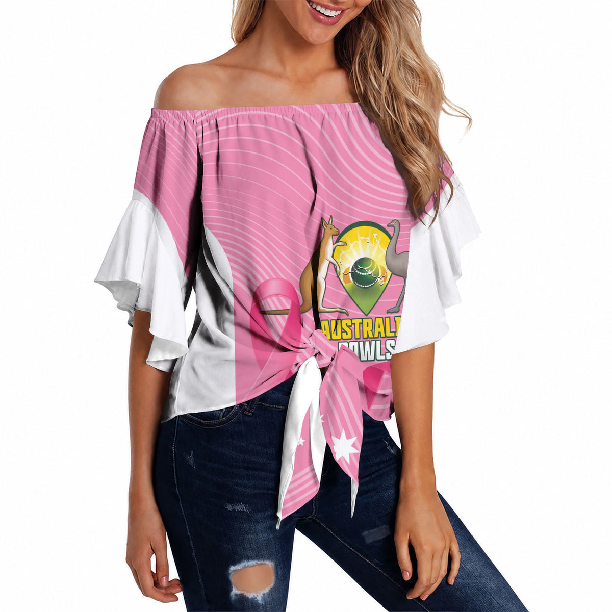 Custom Bowls Australia Breast Cancer Off Shoulder Wrap Waist Top Pink Ribbon Aussie Map With Kangaroo Emu