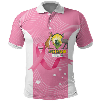 Custom Bowls Australia Breast Cancer Polo Shirt Pink Ribbon Aussie Map With Kangaroo Emu