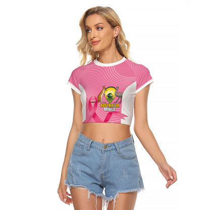 Custom Bowls Australia Breast Cancer Raglan Cropped T Shirt Pink Ribbon Aussie Map With Kangaroo Emu