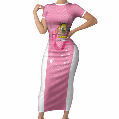 Custom Bowls Australia Breast Cancer Short Sleeve Bodycon Dress Pink Ribbon Aussie Map With Kangaroo Emu
