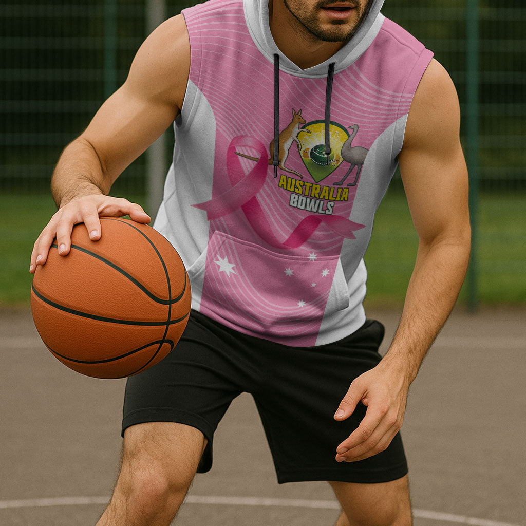 Custom Bowls Australia Breast Cancer Sleeveless Hoodie Pink Ribbon Aussie Map With Kangaroo Emu