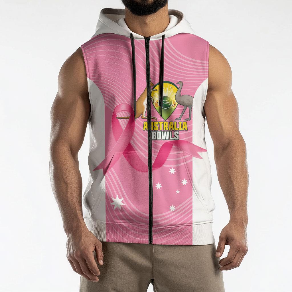Custom Bowls Australia Breast Cancer Sleeveless Zip Hoodie Pink Ribbon Aussie Map With Kangaroo Emu