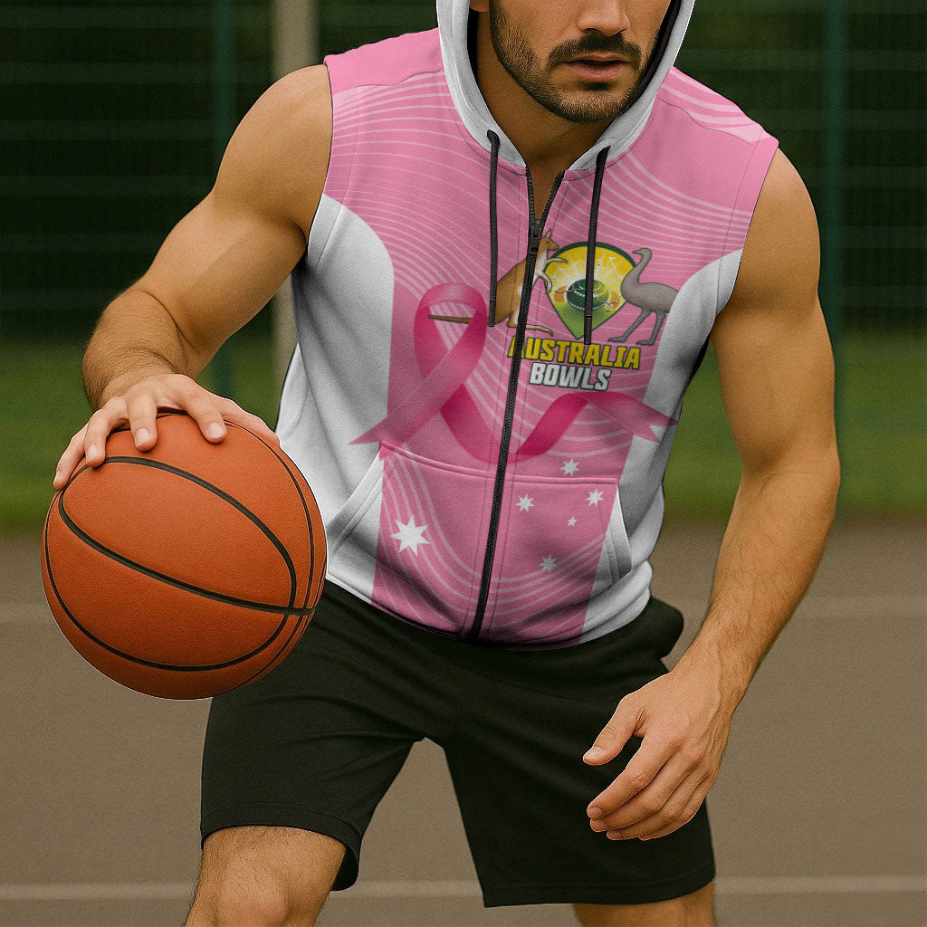 Custom Bowls Australia Breast Cancer Sleeveless Zip Hoodie Pink Ribbon Aussie Map With Kangaroo Emu