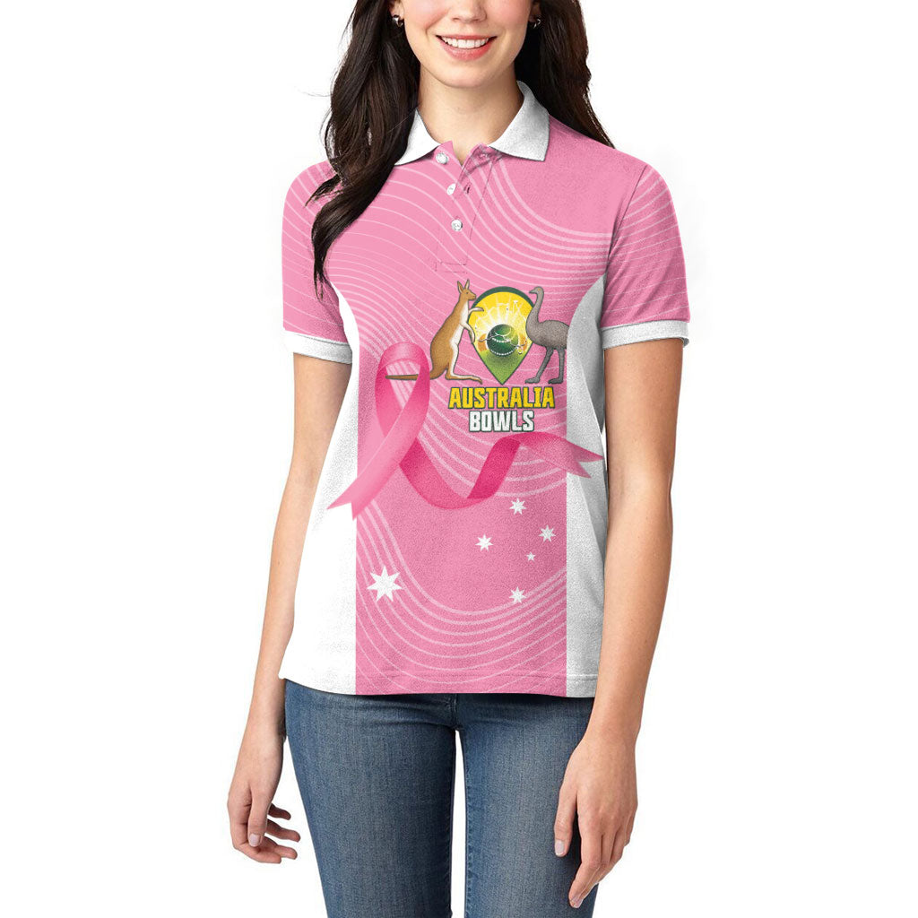 Custom Bowls Australia Breast Cancer Women Polo Shirt Pink Ribbon Aussie Map With Kangaroo Emu