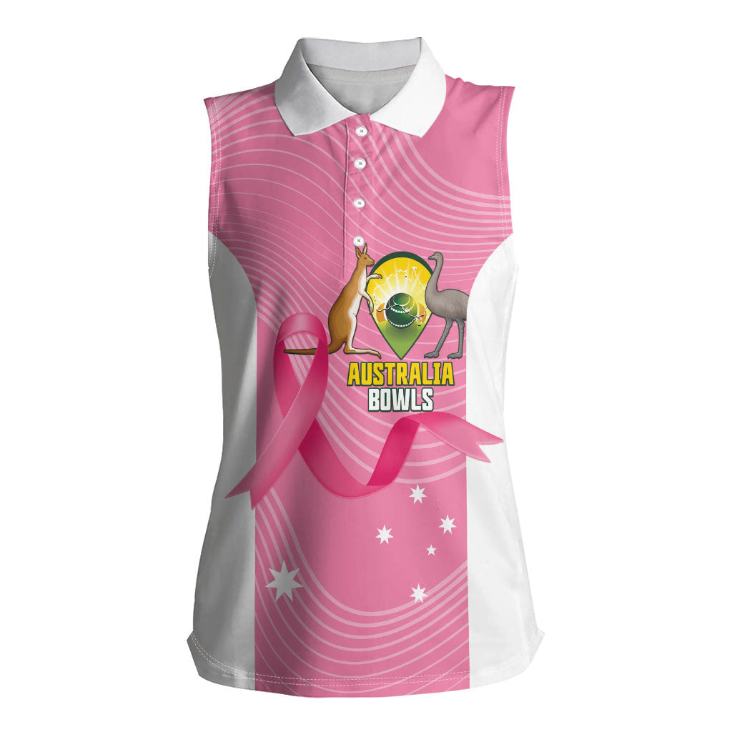 Custom Bowls Australia Breast Cancer Women Sleeveless Polo Shirt Pink Ribbon Aussie Map With Kangaroo Emu