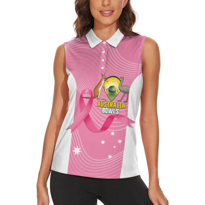 Custom Bowls Australia Breast Cancer Women Sleeveless Polo Shirt Pink Ribbon Aussie Map With Kangaroo Emu