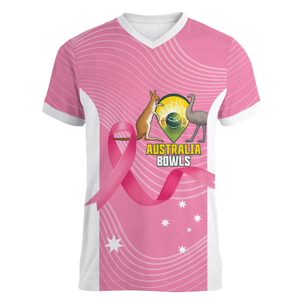 Custom Bowls Australia Breast Cancer Women V-Neck T-Shirt Pink Ribbon Aussie Map With Kangaroo Emu