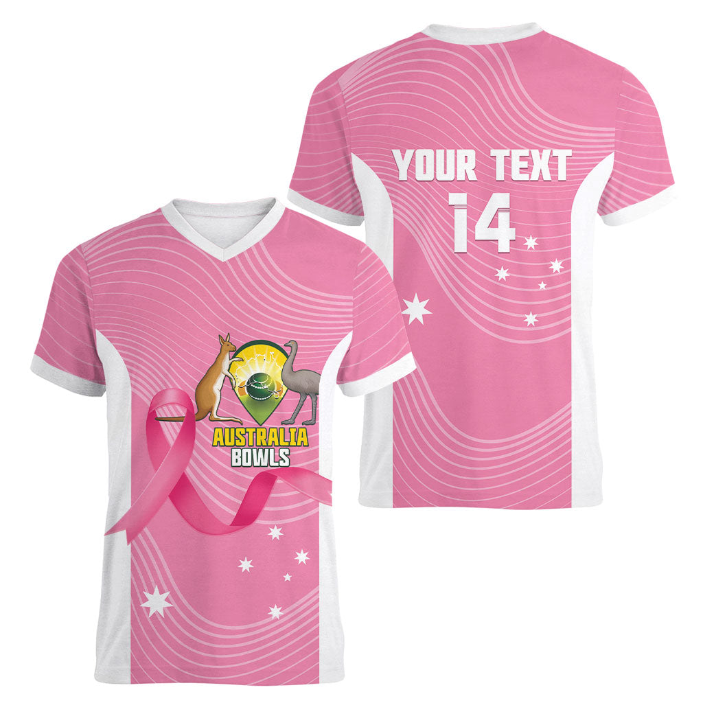 Custom Bowls Australia Breast Cancer Women V-Neck T-Shirt Pink Ribbon Aussie Map With Kangaroo Emu
