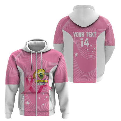 Custom Bowls Australia Breast Cancer Zip Hoodie Pink Ribbon Aussie Map With Kangaroo Emu