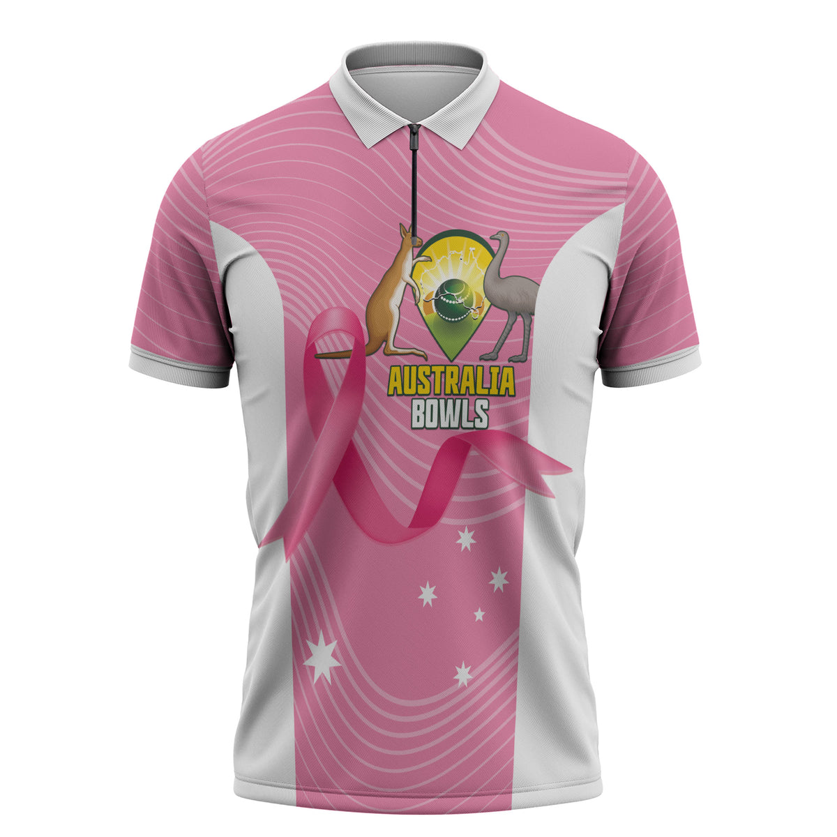 Custom Bowls Australia Breast Cancer Zipper Polo Shirt Pink Ribbon Aussie Map With Kangaroo Emu