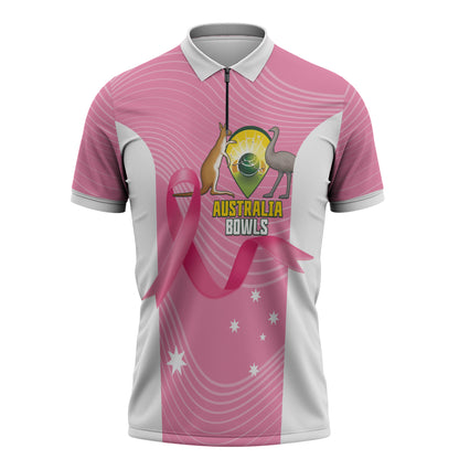 Custom Bowls Australia Breast Cancer Zipper Polo Shirt Pink Ribbon Aussie Map With Kangaroo Emu