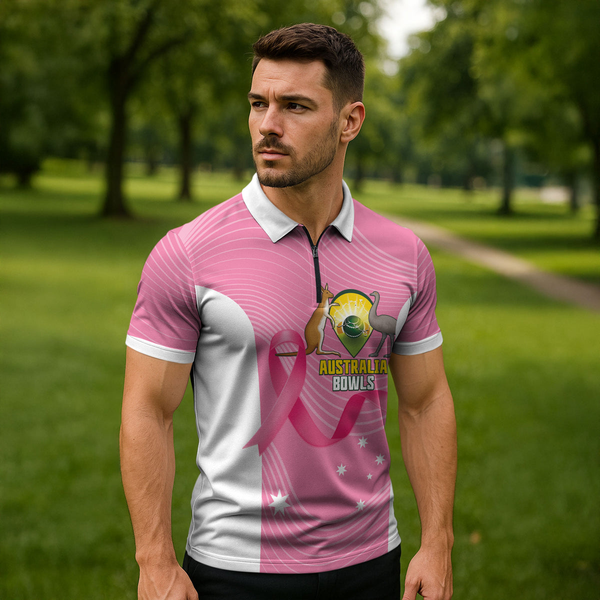 Custom Bowls Australia Breast Cancer Zipper Polo Shirt Pink Ribbon Aussie Map With Kangaroo Emu