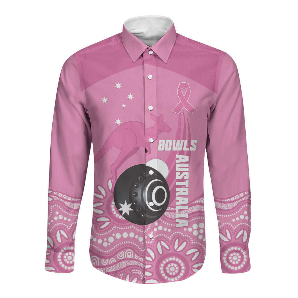 Custom Bowls Australia Breast Cancer Long Sleeve Button Shirt Pink Ribbon Kangaroo Aboriginal Art