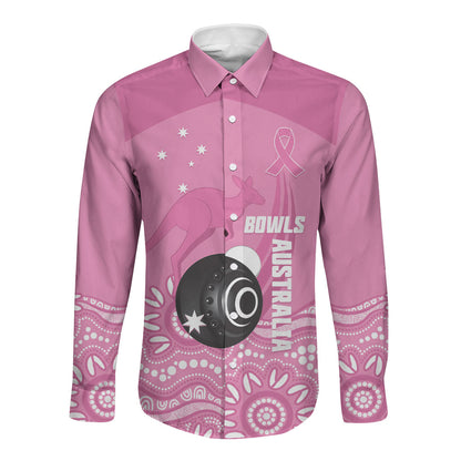 Custom Bowls Australia Breast Cancer Long Sleeve Button Shirt Pink Ribbon Kangaroo Aboriginal Art