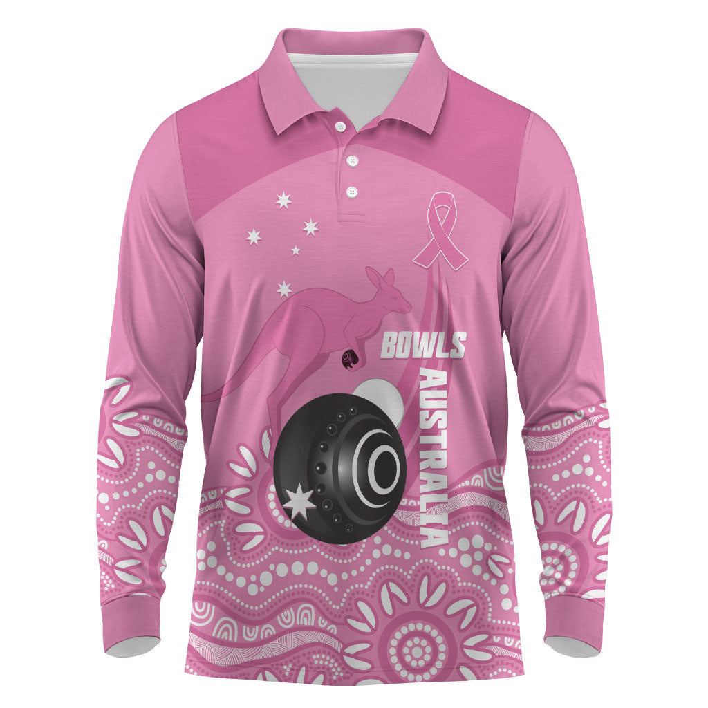 Custom Bowls Australia Breast Cancer Long Sleeve Polo Shirt Pink Ribbon Kangaroo Aboriginal Art
