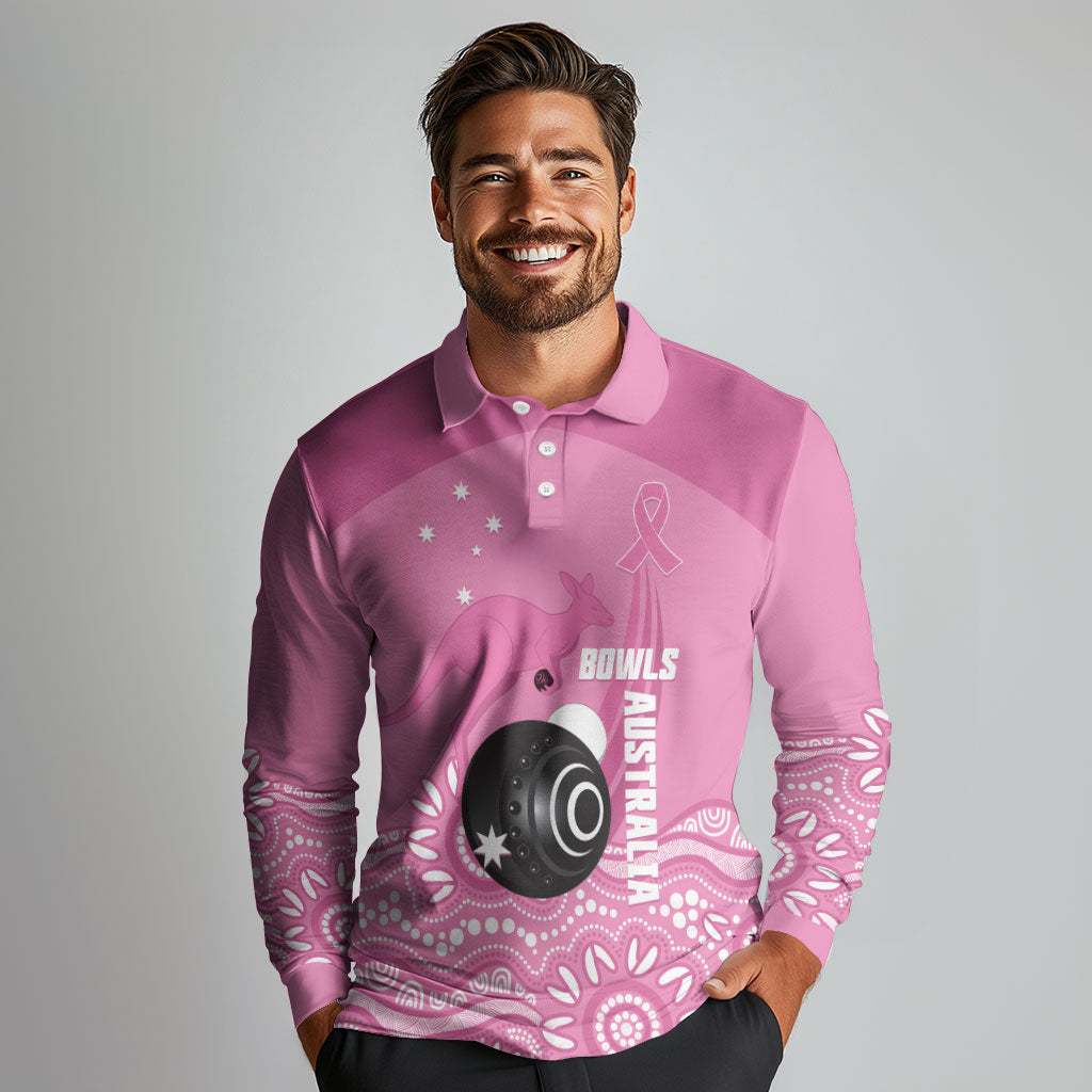 Custom Bowls Australia Breast Cancer Long Sleeve Polo Shirt Pink Ribbon Kangaroo Aboriginal Art