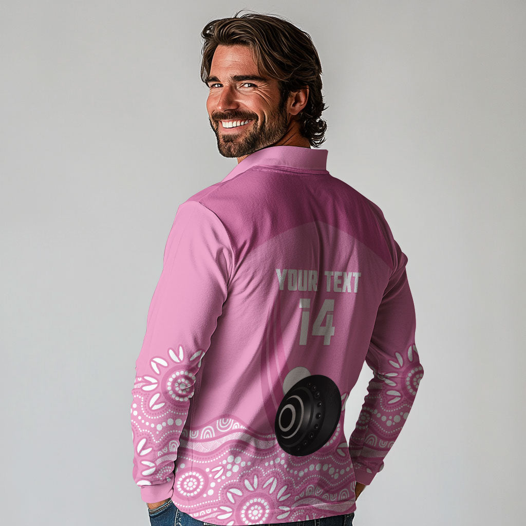 Custom Bowls Australia Breast Cancer Long Sleeve Polo Shirt Pink Ribbon Kangaroo Aboriginal Art