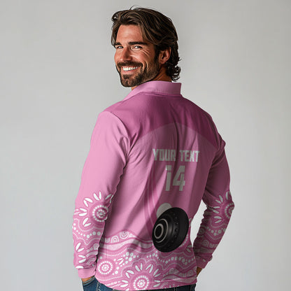 Custom Bowls Australia Breast Cancer Long Sleeve Polo Shirt Pink Ribbon Kangaroo Aboriginal Art