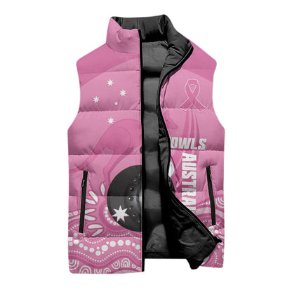 Custom Bowls Australia Breast Cancer Sleeveless Puffer Jacket Pink Ribbon Kangaroo Aboriginal Art