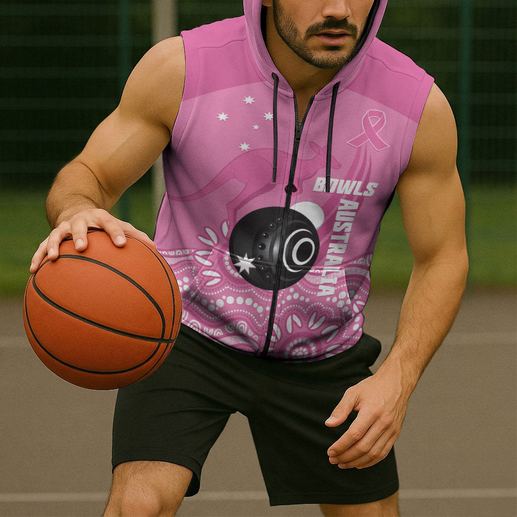 Custom Bowls Australia Breast Cancer Sleeveless Zip Hoodie Pink Ribbon Kangaroo Aboriginal Art