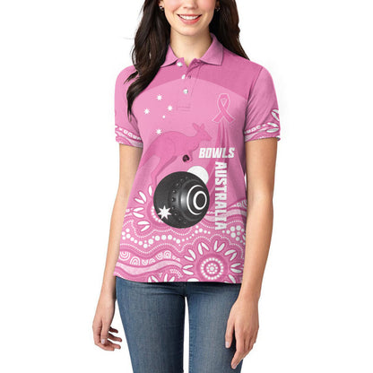 Custom Bowls Australia Breast Cancer Women Polo Shirt Pink Ribbon Kangaroo Aboriginal Art