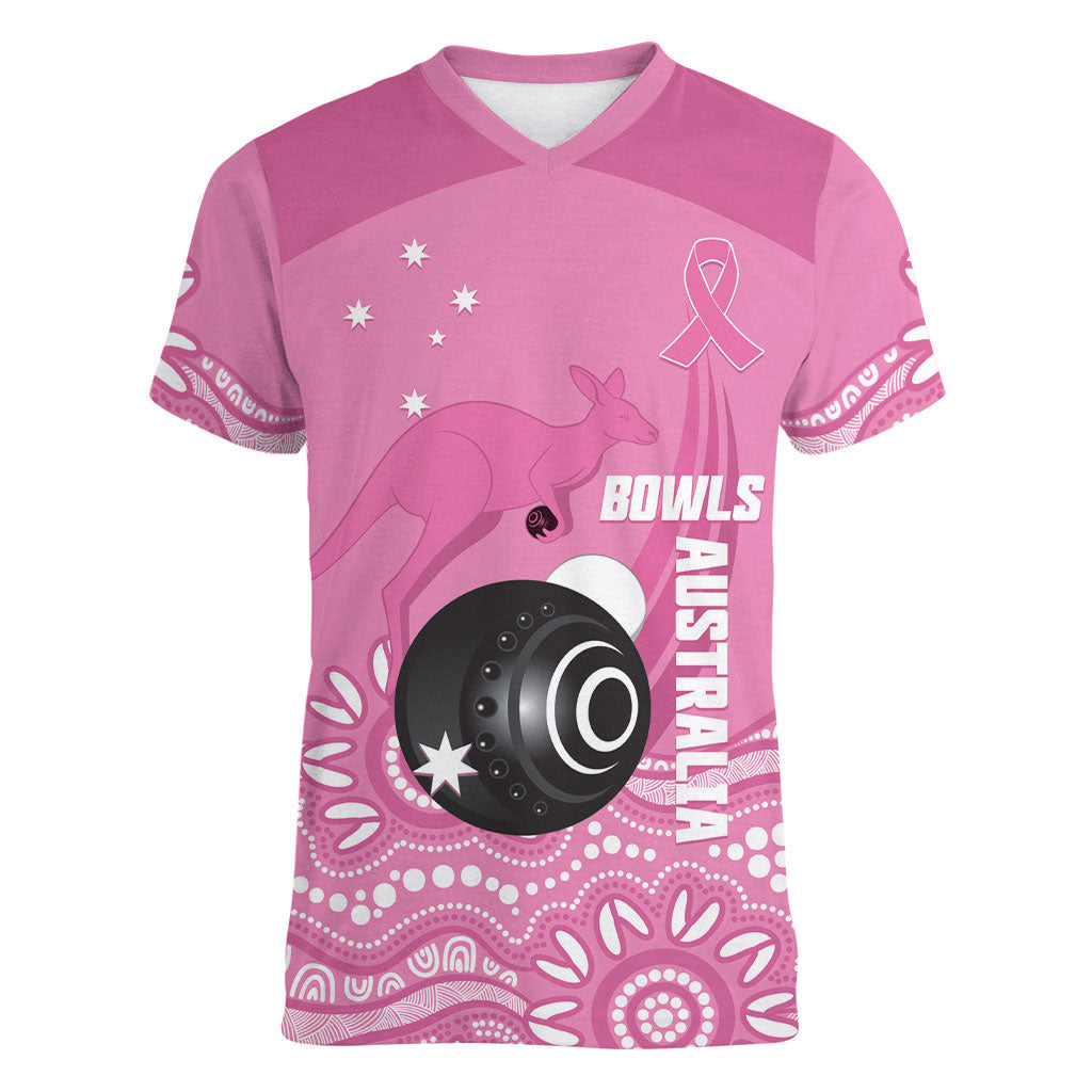 Custom Bowls Australia Breast Cancer Women V-Neck T-Shirt Pink Ribbon Kangaroo Aboriginal Art