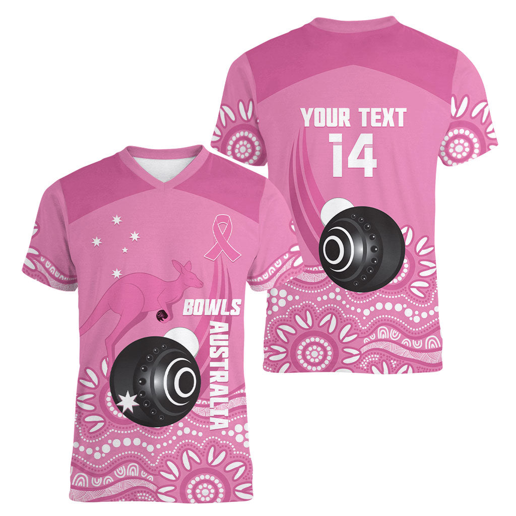 Custom Bowls Australia Breast Cancer Women V-Neck T-Shirt Pink Ribbon Kangaroo Aboriginal Art