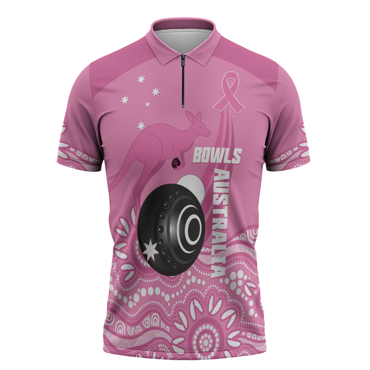 Custom Bowls Australia Breast Cancer Zipper Polo Shirt Pink Ribbon Kangaroo Aboriginal Art