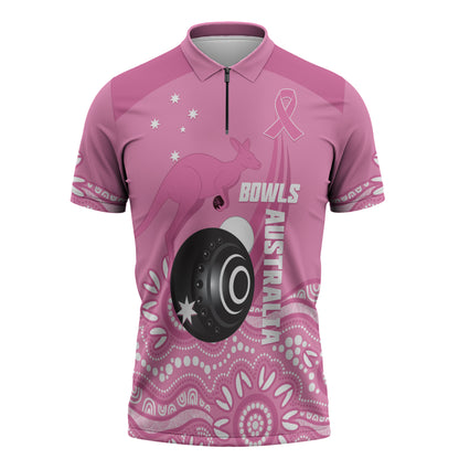 Custom Bowls Australia Breast Cancer Zipper Polo Shirt Pink Ribbon Kangaroo Aboriginal Art