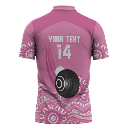 Custom Bowls Australia Breast Cancer Zipper Polo Shirt Pink Ribbon Kangaroo Aboriginal Art