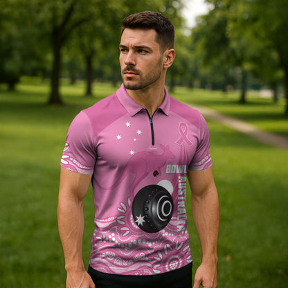 Custom Bowls Australia Breast Cancer Zipper Polo Shirt Pink Ribbon Kangaroo Aboriginal Art