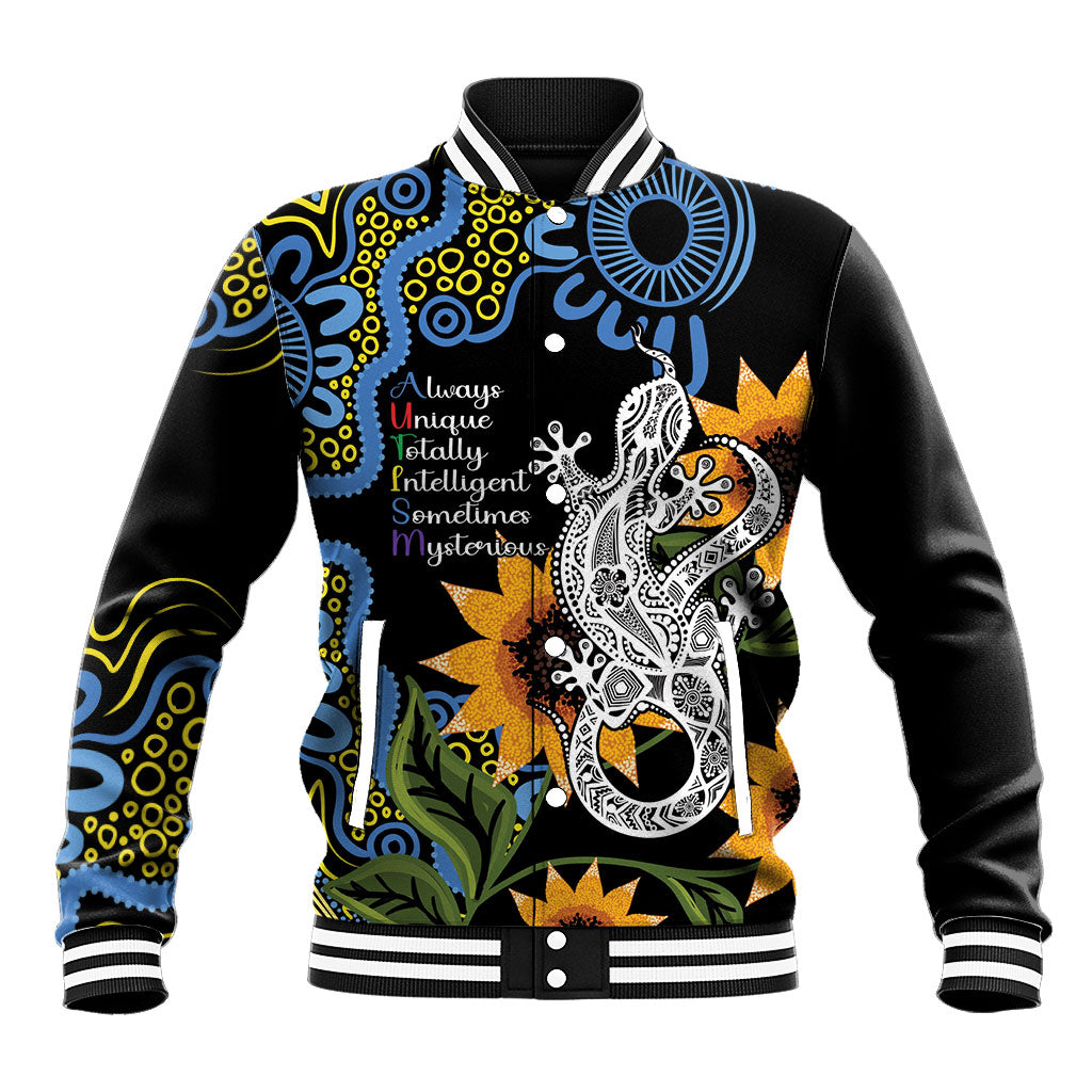 Australia Autism Support Baseball Jacket Brave Strong Aussie Lizard Aboriginal Art